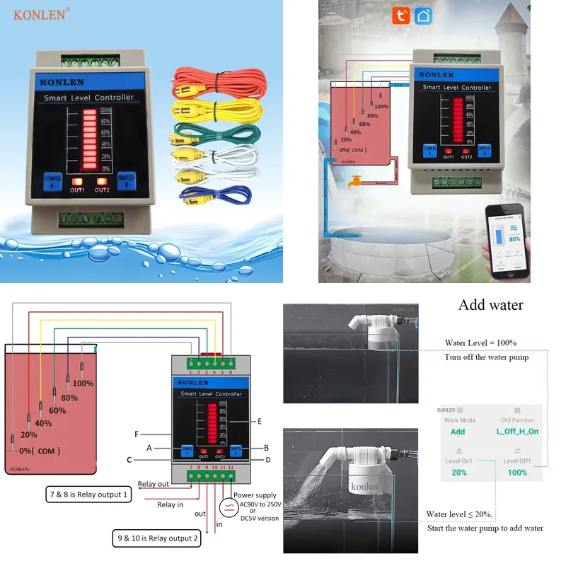 Water Alarm Sensor - เซ็นเซอร์วัดระดับน้ำ KONLEN แบบ WIFI ตัวควบคุมระดับน้ำในถังน้ำ ระบบควบคุมวาล์วปั๊มน้ำบาดาลอัตโนมัติ