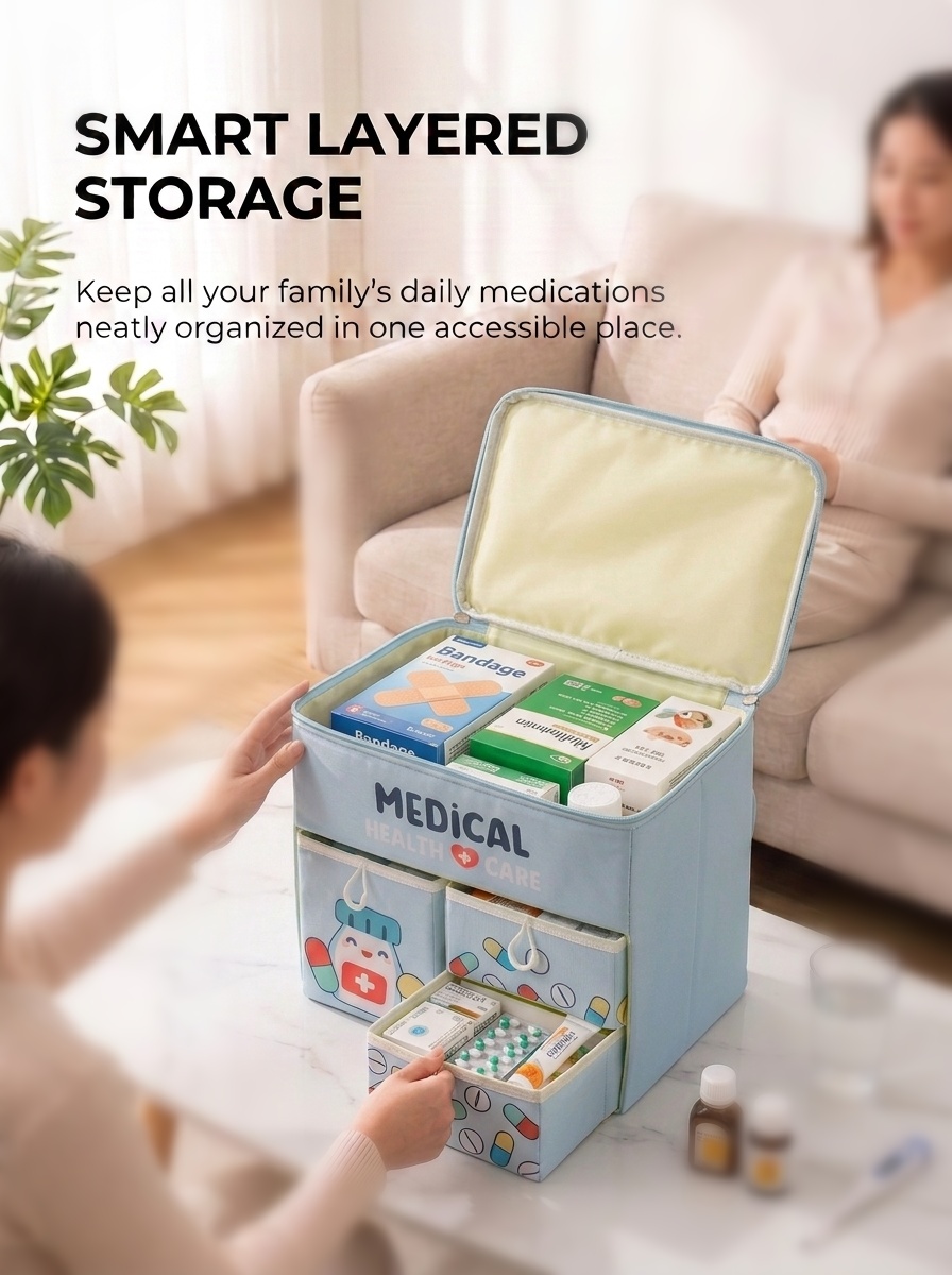 First Aid Bag Kit - ชุดปฐมพยาบาลแบบพกพาลายการ์ตูน กล่องเก็บยาขนาดใหญ่พร้อมลิ้นชัก วัสดุผ้าอ็อกซ์ฟอร์ด สำหรับจัดเก็บยาที่บ้าน กระเป๋าฉุกเฉิน